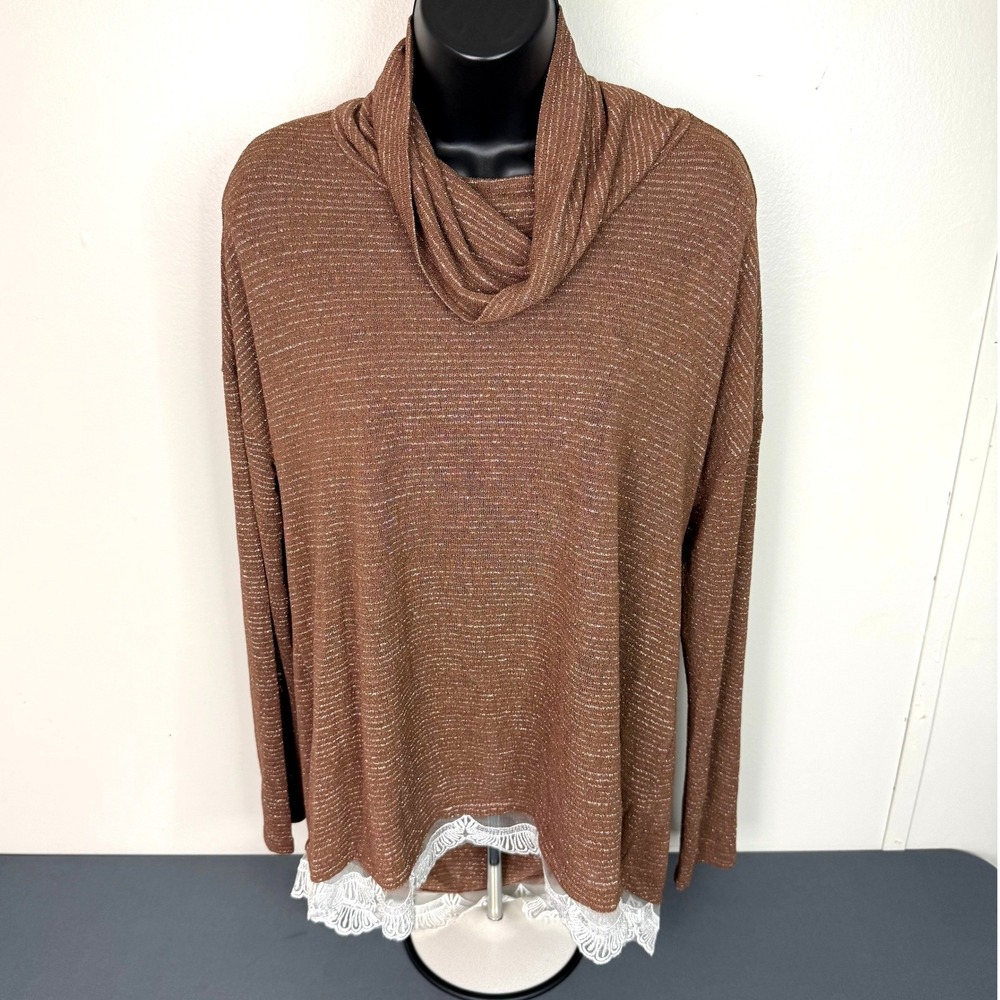 Umgee Top Womens Small Brown C1575 Cowl Neck Metallic Lace Trim Long Sleeve Knit